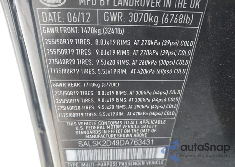 2013 Land Rover Range Rover Sport Hse z USA, uszkodzony, nr VIN SALSK2D49DA763431